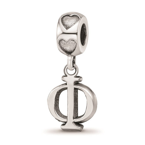 Sterling Silver LogoArt Phi Mu Vertical Letters On Heart Bead