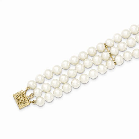 14K Yellow Gold 6-6.5Mm 3 Strand Cultured Pearl Bracelet