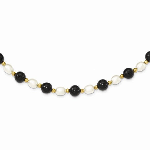 14K Yellow Gold Polished Fancy-White Cultured Pearl & Onyx Necklace