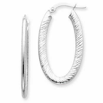 14k White Gold 2mm Textured Oval Hoop Earrings