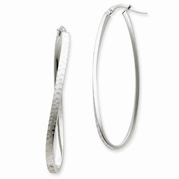 14k White Gold 3mm Etched Wavy Oval Hoop Earrings