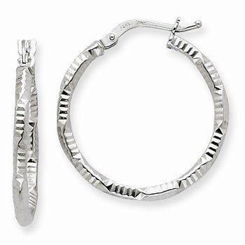 14k White Gold 2x20mm Patterned Twist Hoop Earrings