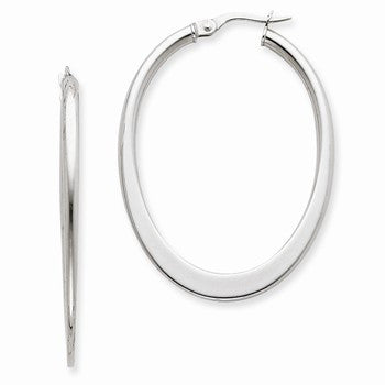 14k White Gold 3mm Tapered Oval Hoop Earrings