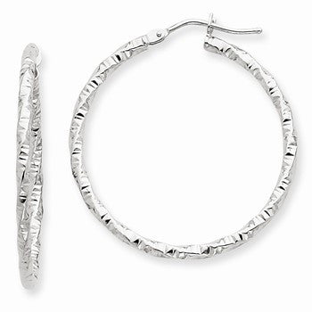 14k White Gold Textured Hoop Earrings