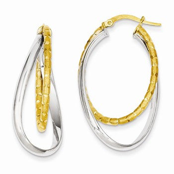 14k Two-tone Satin Polished Twisted Oval Hoop Earrings