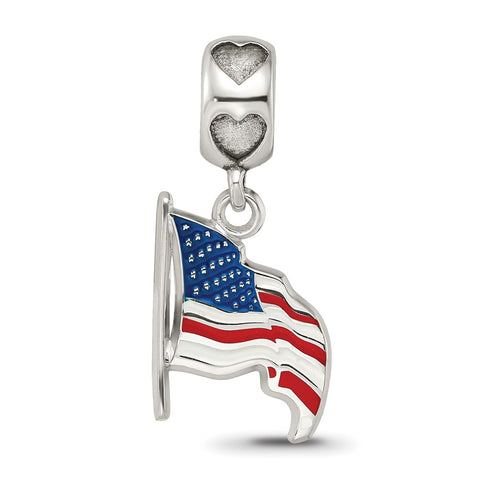 Flag Waving 5,8 Enameled On Heart Charm Bead Bail in Sterling Silver