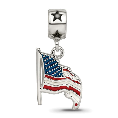 Flag Waving 5,8 Enameled On Star Charm Bead Bail in Sterling Silver