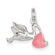 Sterling Silver Pink Enamel Polished Stork Charm hide-image