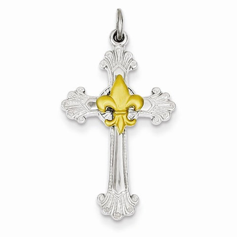 Sterling Silver & Gold Plated Cross & Fleur de lis Pendant, Pendants for Necklace