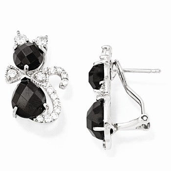 Sterling Silver Cat w/Black White CZ Omega Back Earrings