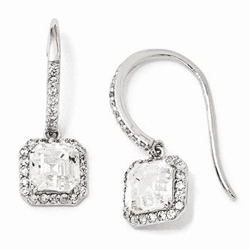 Sterling Silver Asscher-cut CZ Shepherd Hook Dangle Earrings