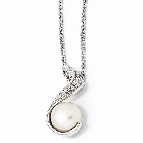 Sterling Silver CZ White Cultured Pearl Swirl Necklace