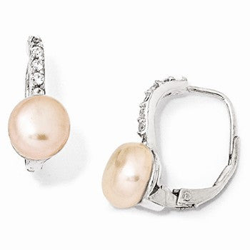 Sterling Silver CZ Pink Cultured Pearl Leverback Earrings