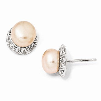 Sterling Silver CZ Pink Cultured Pearl Stud Earrings