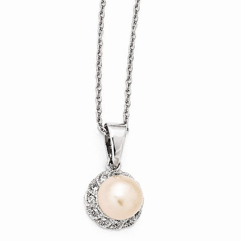 Sterling Silver CZ Pink Cultured Pearl Necklace