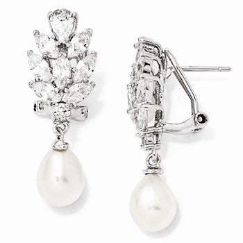 Sterling Silver CZ Cultured Pearl Omega Back Earrings