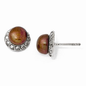 Sterling Silver CZ Coffee Brown Cultured Pearl Stud Earrings