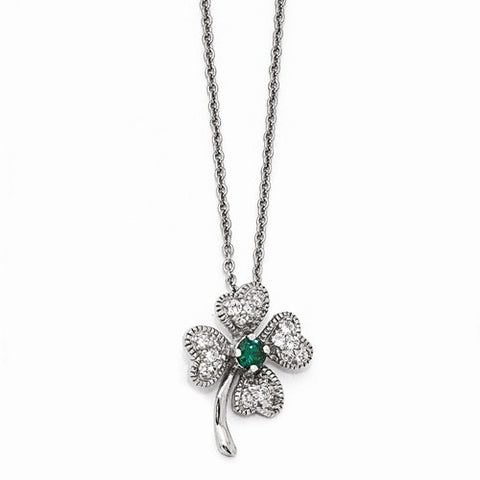 Sterling Silver Childs Gla Simulated Emerald & CZ-Leaf Clover Necklace