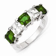 Sterling Silver Asscher-cut Glass Simulated Emerald/CZ 5-stone Ring