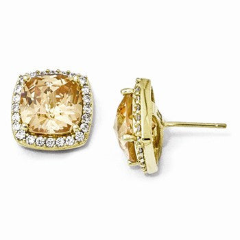 Sterling Silver Gold-plated Rose-cut Champ CZ Square Post Earrings