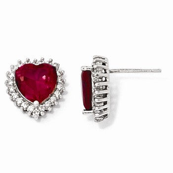 Sterling Silver 100-facet Synthetic Ruby CZ Heart Post Earrings