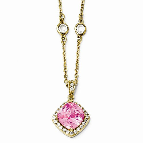 Sterling Silver Gold-Plated Rose-Cut Pink CZ Square Necklace