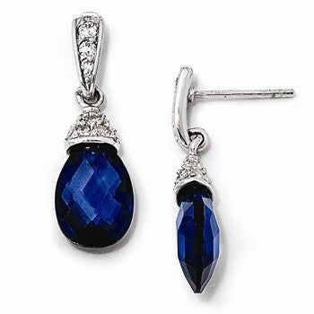 Sterling Silver Teardrop Synthetic Dark Blue Spinel CZ Dangle Post Earrings