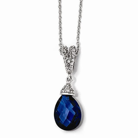 Sterling Silver Teardrop Synthetic Dark Blue Spinel & CZ Necklace