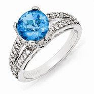 Sterling Silver Checker-cut Glass Simulated Blue Topaz & CZ Ring