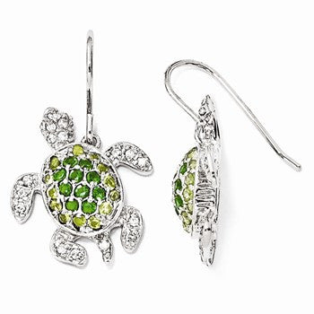 Sterling Silver Glass Sim.Peridot/Sim.Emerald/ CZ Turtle Earrings