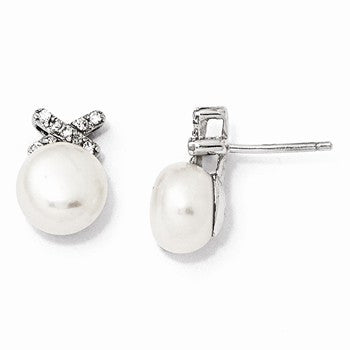 Sterling Silver CZ Freshwater Pearl Post Earrings