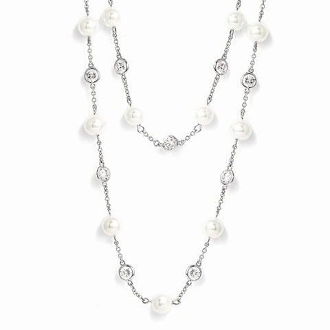 Sterling Silver CZ Glass Pearl Necklace