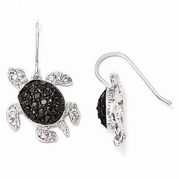 Sterling Silver Black & White CZ Turtle FrenchWire Dangle Earrings