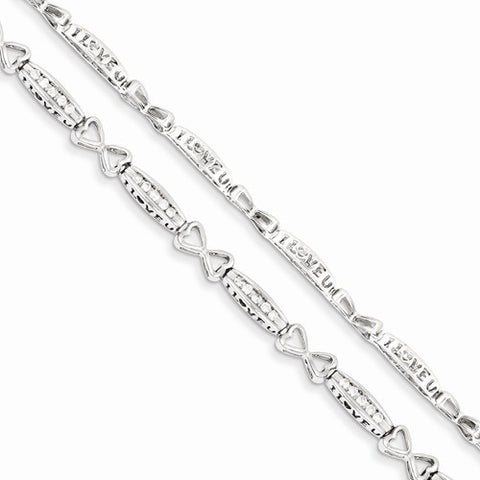 Sterling Silver Diamond Heart & Rectangle Link Bracelet