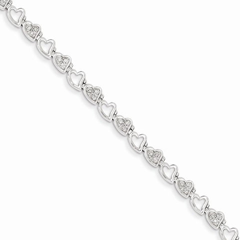 Sterling Silver Rhodium Plated Diamond Heart Link Bracelet