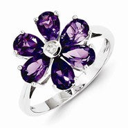 Sterling Silver w/Rhodium Amethyst & Diamond Flower Ring