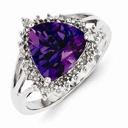 Sterling Silver w/Rhodium Trillion Amethyst & Diamond Ring