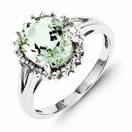 Sterling Silver w/Rhodium Green Amethyst & Diamond Ring