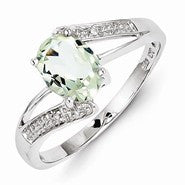 Sterling Silver w/Rhodium Green Amethyst & Diamond Ring