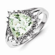 Sterling Silver w/Rhodium Trillion Green Amethyst & Diamond Ring