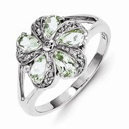 Sterling Silver w/Rhodium Green Amethyst & Diamond Ring