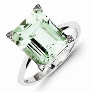 Sterling Silver w/Rhodium Green Amethyst & Diamond Ring