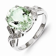 Sterling Silver w/Rhodium Green Amethyst & Diamond Ring