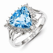 Sterling Silver w/Rhodium Trillion Light Swiss Blue Topaz & Diamond Ring