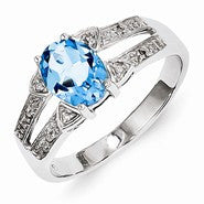 Sterling Silver w/Rhodium Light Swiss Blue Topaz & Diamond Ring