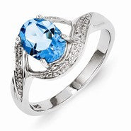 Sterling Silver w/Rhodium Light Swiss Blue Topaz & Diamond Ring