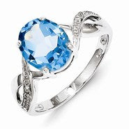 Sterling Silver w/Rhodium Light Swiss Blue Topaz & Diamond Ring