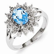 Sterling Silver w/Rhodium Light Swiss Blue Topaz & Diamond Ring