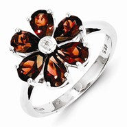 Sterling Silver w/Rhodium Garnet & Diamond Flower Ring