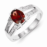 Sterling Silver w/Rhodium Garnet & Diamond Ring